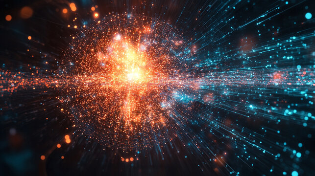 A swirling nebula of glowing data-like dots forming a dynamic sphere of energy, visualizing machine learning and data analysis through motion, particles, and digital flow.