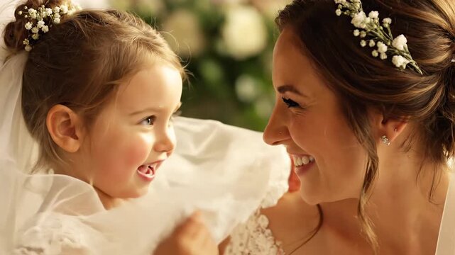 Sweet flower girl giggling and twirling with the bride's veil, spreading joy and cheer. A heartwarming and happy moment shared between a bride and a little girl