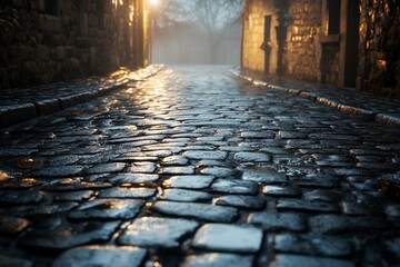 Empty cobblestone street in morning fog