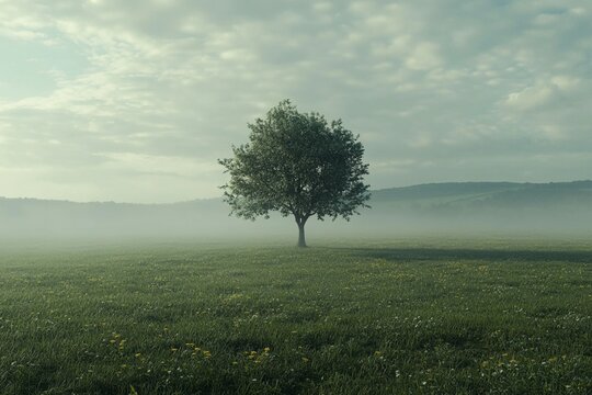 Solitary tree in vast foggy field