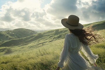 Woman walking on quiet foggy city bridge