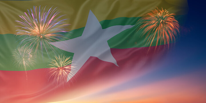Waving National flags of Myanmar In sky with fireworks and text