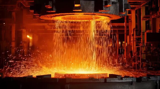 Dynamic medium shot of high frequency induction furnace at work emphasizing energyefficient metal melting and bright sparks from electromagnetic induction heating.