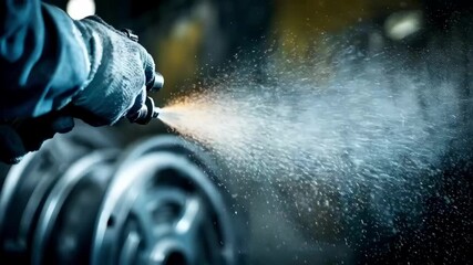 Closeup of a specialist spraying a metallic wearresistant layer onto automotive parts highlighting corrosion resistance and strengthened surface properties