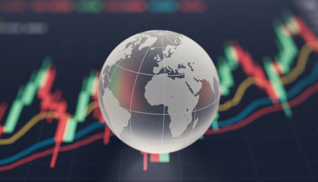 Glass Globe on a Background of Candlestick Charts Illustrating Global Finance, Stock Market Trends, and International Economic Investment Analysis