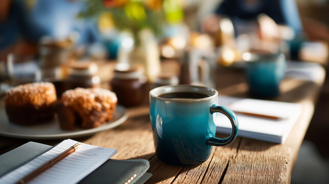 Closeup of timber desk adorned with tea vessels snacks and scattered paperwork defocused relaxed background afterwork gathering atmosphere casual office meeting informal