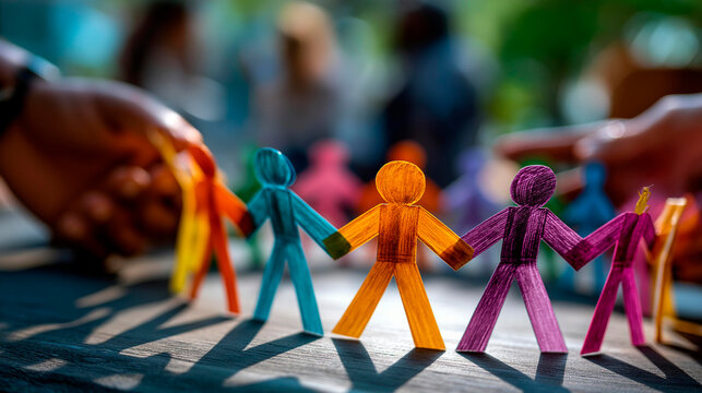 Vibrant paper figures holding hands in circle representing unity defocused creative arts background community values gathering colorful connection display inclusive meeting - Powered by Adobe