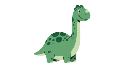 Obraz premium Adorable and friendly green cartoon dinosaur with dark green spots and a small horn on its nose smiling sweetly on a white background.