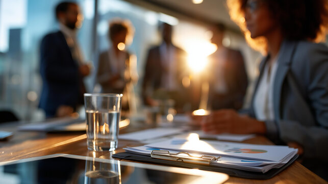 Business professionals assembled around contemporary conference surface in sunny boardroom faceless colleagues defocused office interior discussing work topics collaborative
