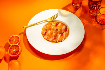 Fine dining seafood ceviche with blood orange dressing