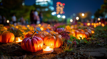 Illuminated harvest vegetable festival celebration in autumn park defocused nighttime background halloween event outdoor community spirit gathering glowing pumpkin display