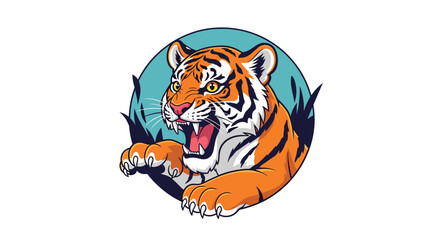 Fototapeta premium Fierce and powerful tiger mascot roaring and clawing its way out of a circular frame in an aggressive and dynamic pose.