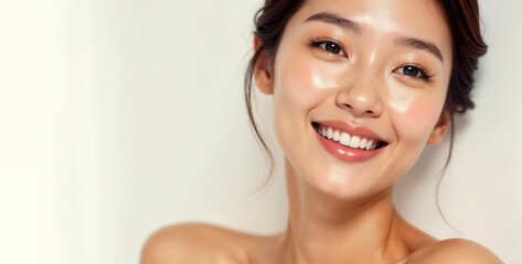 Close-up of one happy brunette woman's face with clean skin and natural smile, showing white teeth and healthy hair
