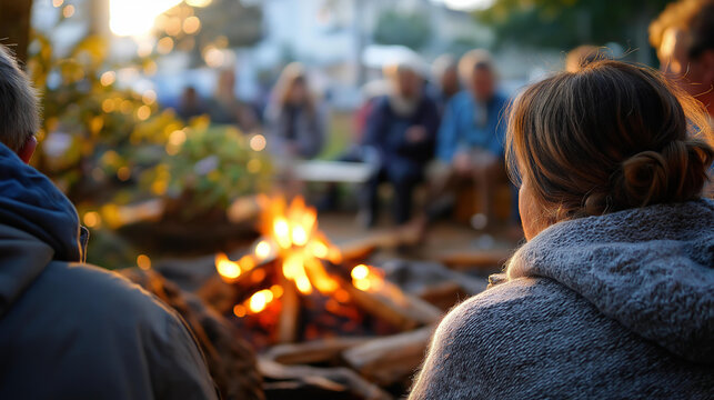 Bonfire assembly around warmth and illumination faceless participants defocused outdoor background promoting social connection gathering fire circle celebration communal - Powered by Adobe