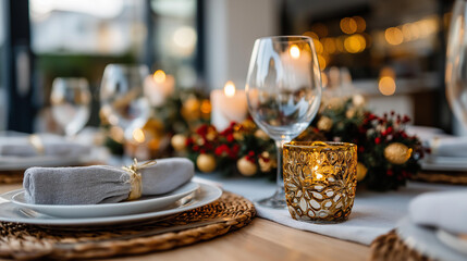 Sophisticated yuletide meal table arrangement with festive ornaments and illuminated candles defocused holiday background elegant dinner setting heartwarming family gathering