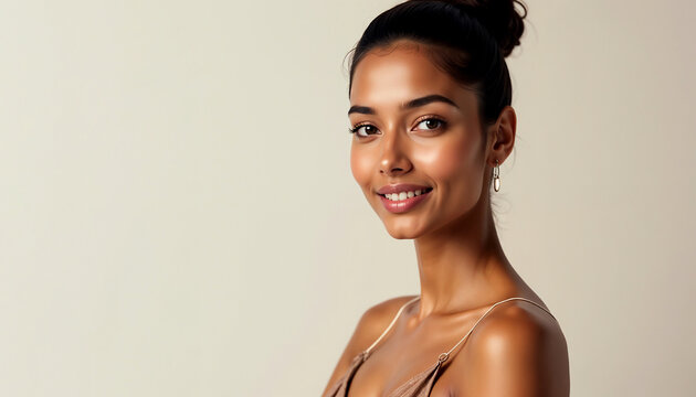 Smiling brunette woman with a ponytail, close-up face shot showing her beauty, fashion, and happiness