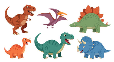 Naklejka premium Collection of six cute and colorful cartoon dinosaurs including T-Rex Stegosaurus and Triceratops on a white background.
