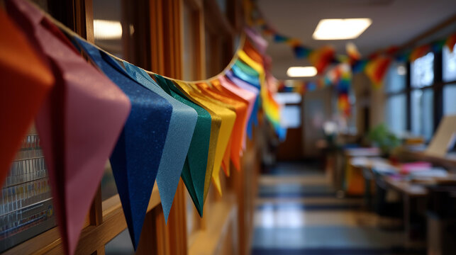Corridor adorned with vibrant pennants and paper decorations defocused school celebration background festive hallway display educational institution event colorful streamer