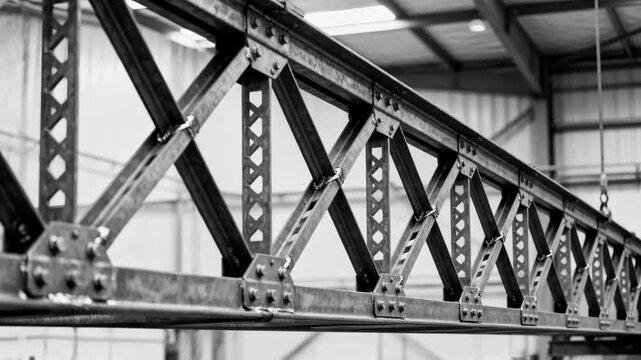 Detailed medium shot focusing on a parallel chord steel truss highlighting uniform horizontal beams and vertical webbing designed for balanced load distribution.