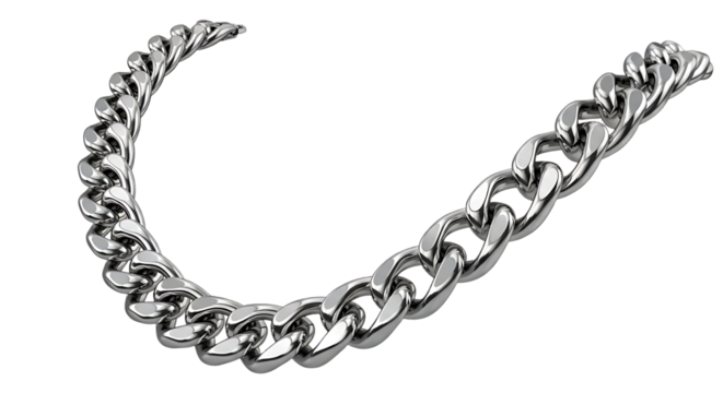 A shiny silver chain with interlocked links is displayed against a stark black background in the image - Powered by Adobe