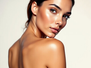 A beautiful fashion model with elegant makeup, clean skin, and glossy lips for natural glamour and skincare