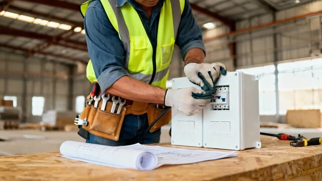 Closeup medium shot of a technician connecting modular electrical units on a new build site demonstrating efficiency and streamlined workflow.