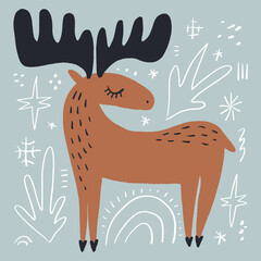 Fototapeta premium Boho tribal celestial ornate moose character vector hand drawn illustration. Modern folk patterned Norwegian woodland fauna with horns north animal in Scandinavian style. Floral Slovak ornamental