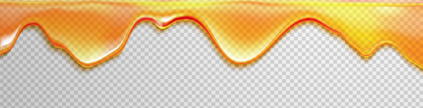 Caramel oil melt honey and gooey vector with flow, syrup and drip background. Yellow dessert or amber drop design. Golden splash for cosmetic or food layout.