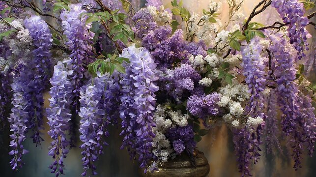 Cascading clusters of vibrant purple wisteria flowers bloom abundantly on a sunny spring day - Powered by Adobe