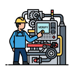Worker inspecting heavy machinery with verification panel, ideal for factory safety and maintenance guides