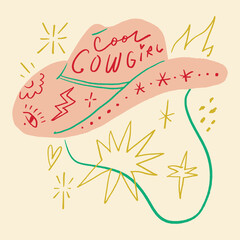 Boho red pink cowgirl patterned hat, funky groovy hippie cowgirl or cowboy concept lettering clip-art. Vector illustration EPS.