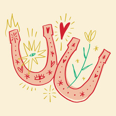 Pink lucky horseshoe with mystical folk art with floral elements. Modern folk patterned image inspired by groovy hippie vibe and nursery dry brush style, childish unique clipart print for room posters