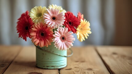 Vibrant gerbera daisies in a vintage tin can on a rustic wooden table