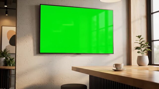 Contemporary cafe, bar, or restaurant interior featuring a sleek smart TV with a green chroma key screen mounted on the wall