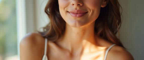 Portrait of a young woman with a smiling face, beautiful eyes, and fashion-model hair
