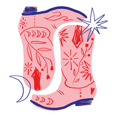 Bohemian groovy postmodern funky barbiecore cowgirl patterned boot and hat, funky groovy hippie cowboy concept fashion shoes lettering. Vector illustration clip-art isolated glamour boot on pink