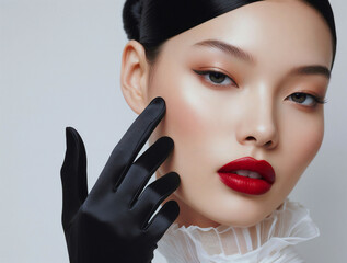 Close-up beauty face of a glamour model with striking eyes, perfect skin, and red lipstick makeup fashion