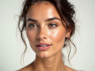 Smiling fashion model with natural makeup, close-up of woman's beautiful face, brunette hair, and glamorous look