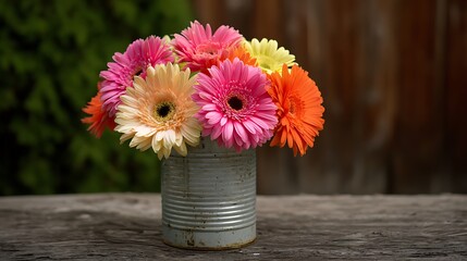 Vibrant gerbera daisy bouquet in a rustic tin can vase on a wooden surface