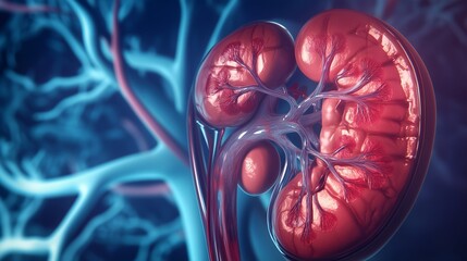 Detailed anatomical illustration of human kidneys with intricate vascular structures, showcasing renal function and health in a vibrant, scientific context for educational purposes