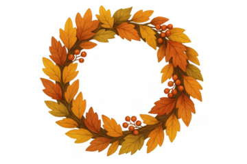Autumn leaves and berries wreath with seasonal fall colors, circular frame decoration on transparent background