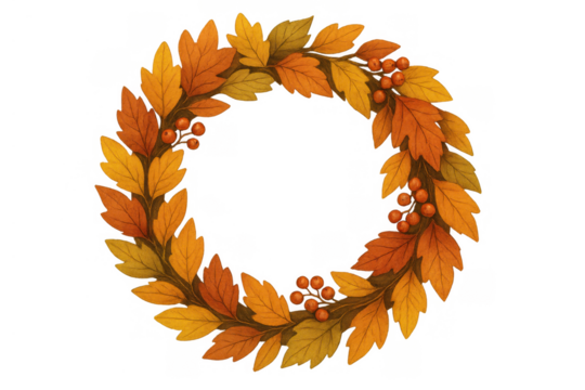 Autumn leaves and berries wreath with seasonal fall colors, circular frame decoration on transparent background - Powered by Adobe