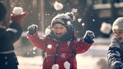 Joyful Asian boy in red winter jacket plays with snow, surrounded by friends, laughing and throwing snowballs in a winter wonderland, capturing the essence of childhood happiness