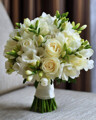 Elegant white wedding bouquet featuring roses and freesia tied with a satin ribbon