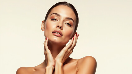 Close-up of one smiling brunette woman's face, highlighting her clean skin and fresh beauty through makeup and hair care in a studio