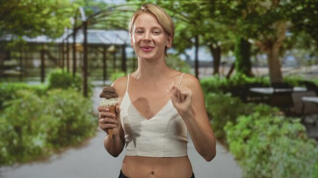 Woman holding ice cream cone with finger to temple on a sunny park path, crop top showing bellybutton; thoughtful curiosity.