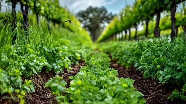 Vineyard medium shot highlighting diverse cover crops thriving between vine rows illustrating organic nutrient addition and improved soil health.