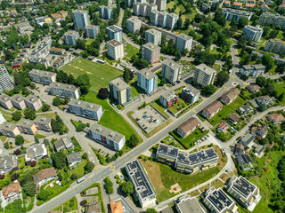 Aerial view of suburban housing in Sch&ouml;nberg near Fribourg in Switzerland, Europe. Top view of cityscape.