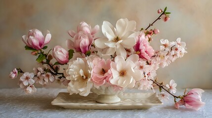 Elegant arrangement of delicate pink and white magnolia and cherry blossoms in a vintage pedestal vase
