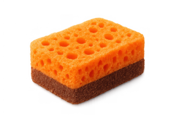Cleaning sponge with abrasive scourer pad for kitchen dishwashing and household surface hygiene, transparent background